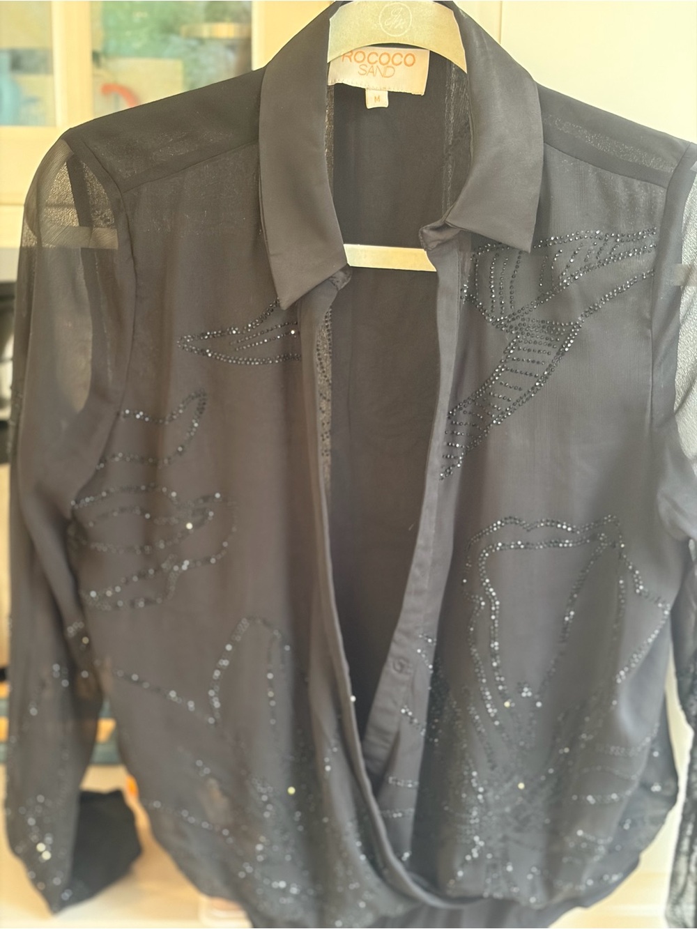 Rococo Sand Sheer Black Beaded Button-Front blouse/body suit -with  beaded
